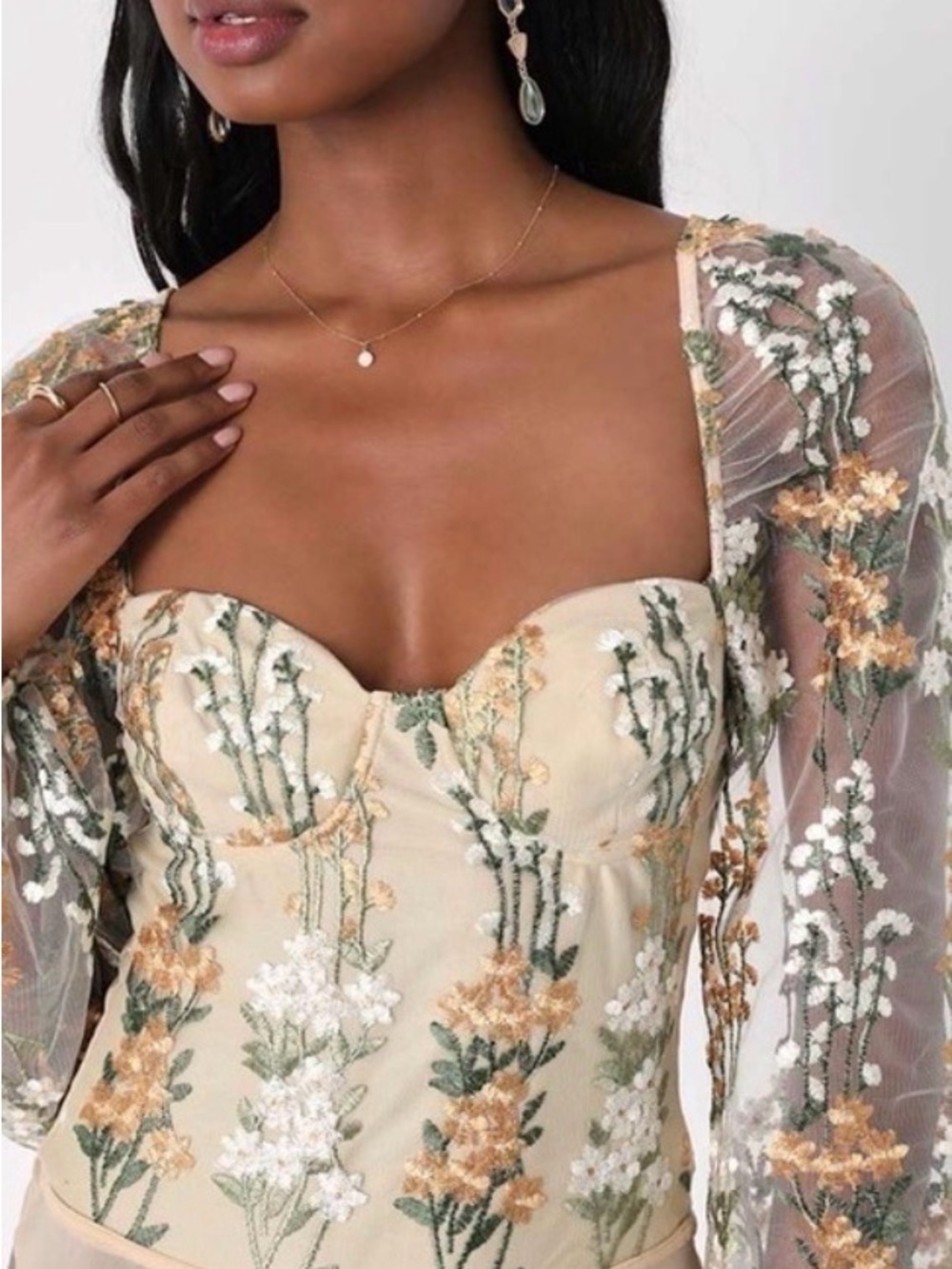 NWOT Lulus Embroidered Floral Sheer Sleeve Bodysuit - Yellow & Green